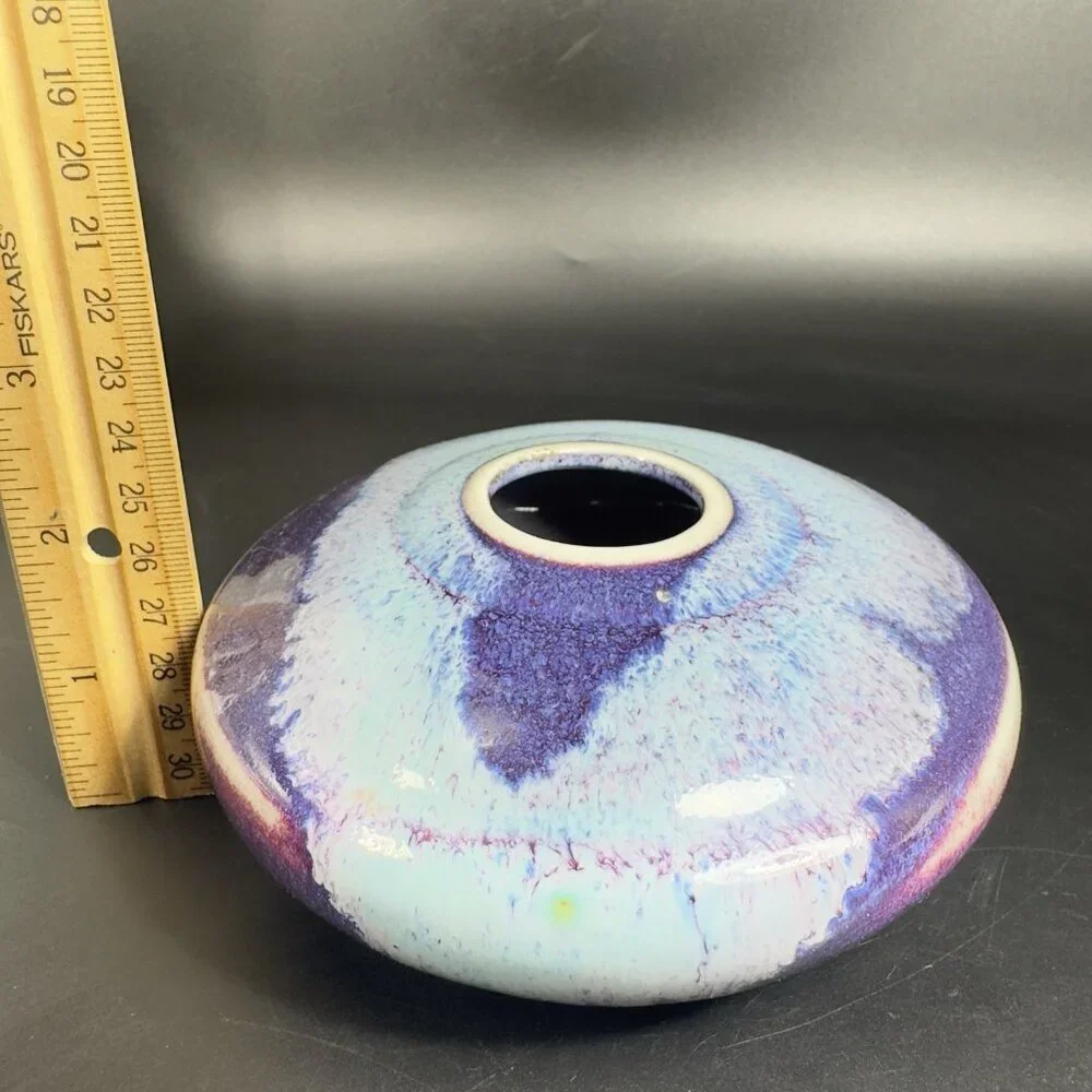 Vintage Hand Made Studio Art Pottery‎ Flat Vase Vessel Multicolor Glaze Vase VTG